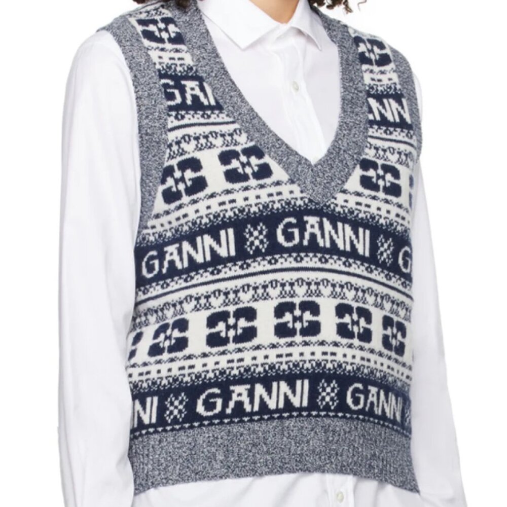 Ganni Logo Intarsia-Knit V-Neck Vest